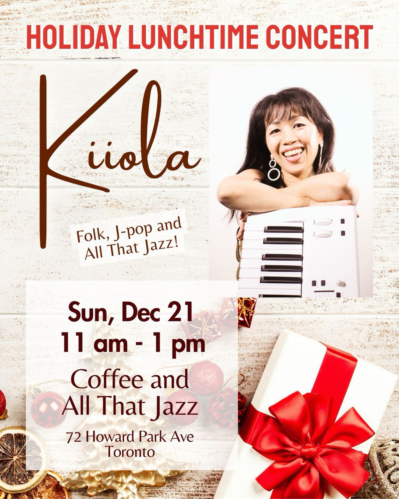 Happy Holidays everyone! It’s time for coffee and live music!🎄✨
Kiiola @helloimkiiola is performing at Coffee and All That Jazz @coffeenjazz72 from 11 am to 1 pm, Sunday, December 21!
Let’s celebrate the Winter Solstice together! ❄️
Come enjoy a delicious lunch and festive live music with us 🎶🥰☕️

ハッピーホリデー！🎄✨
12月21日（日）11時から、ダンダスウエスト駅近くのカフェ Coffee and All That Jazzで弾き語りライブします。クリスマスソングやオリジナル曲をはじめ、いろいろな曲を歌う予定！
ホリデーシーズンのランチタイム、ぜひ遊びに来てください✨😃🎁💝

Keyboard & vocal @helloimkiiola

#torontomudicscene #japanesemusician 
#torontomusician #torontocafe #トロント
